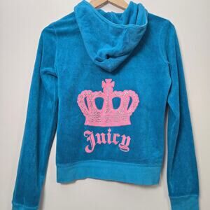 Juicy Couture Y2K Vintage Full Zip up Hoodie M Blue Rhinestones Crown 90s Rare